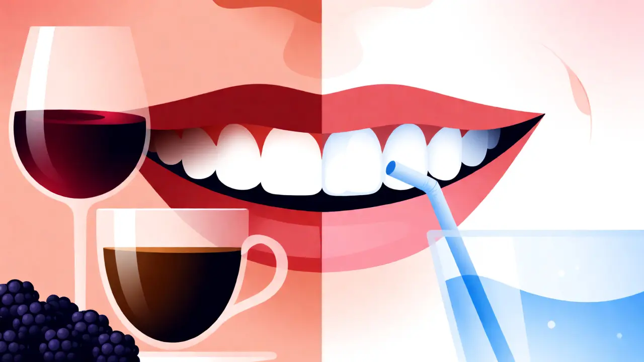Konceptuální ilustrace vlivu kávy a vína versus vody na barvu fazet