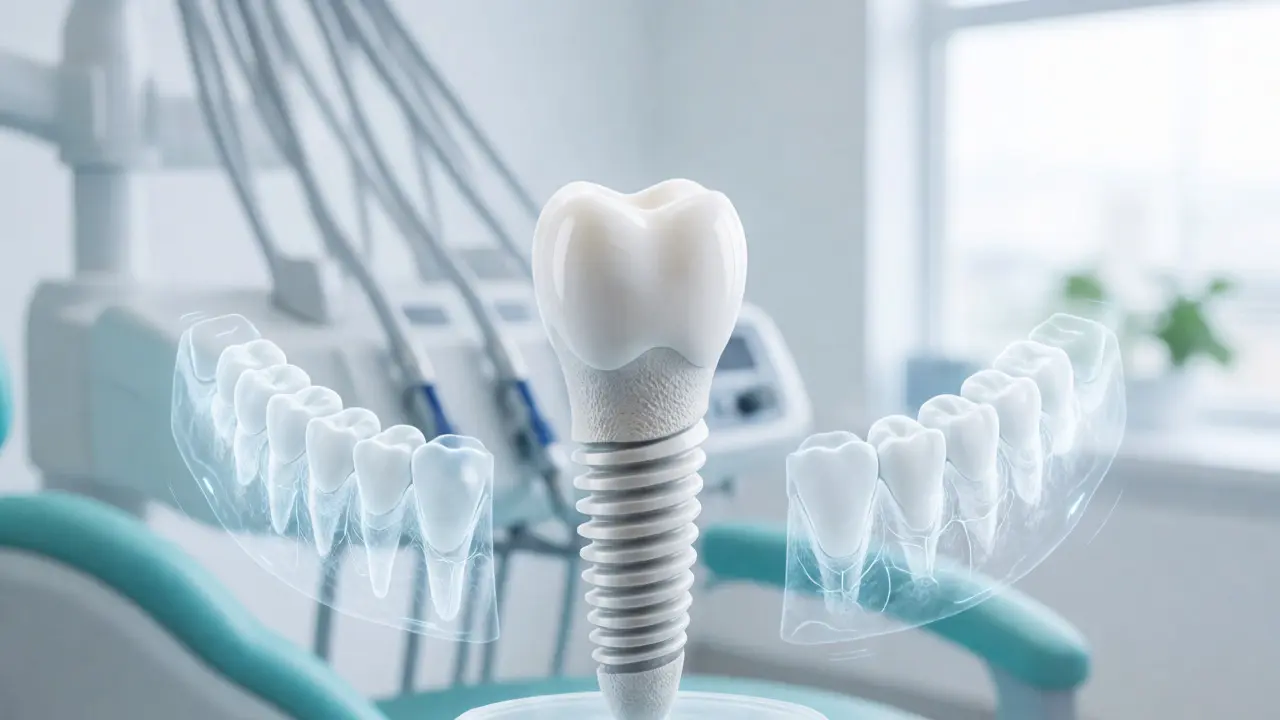 Moderní bílý zirkonoxidový zubní implantát v digitálním prostředí