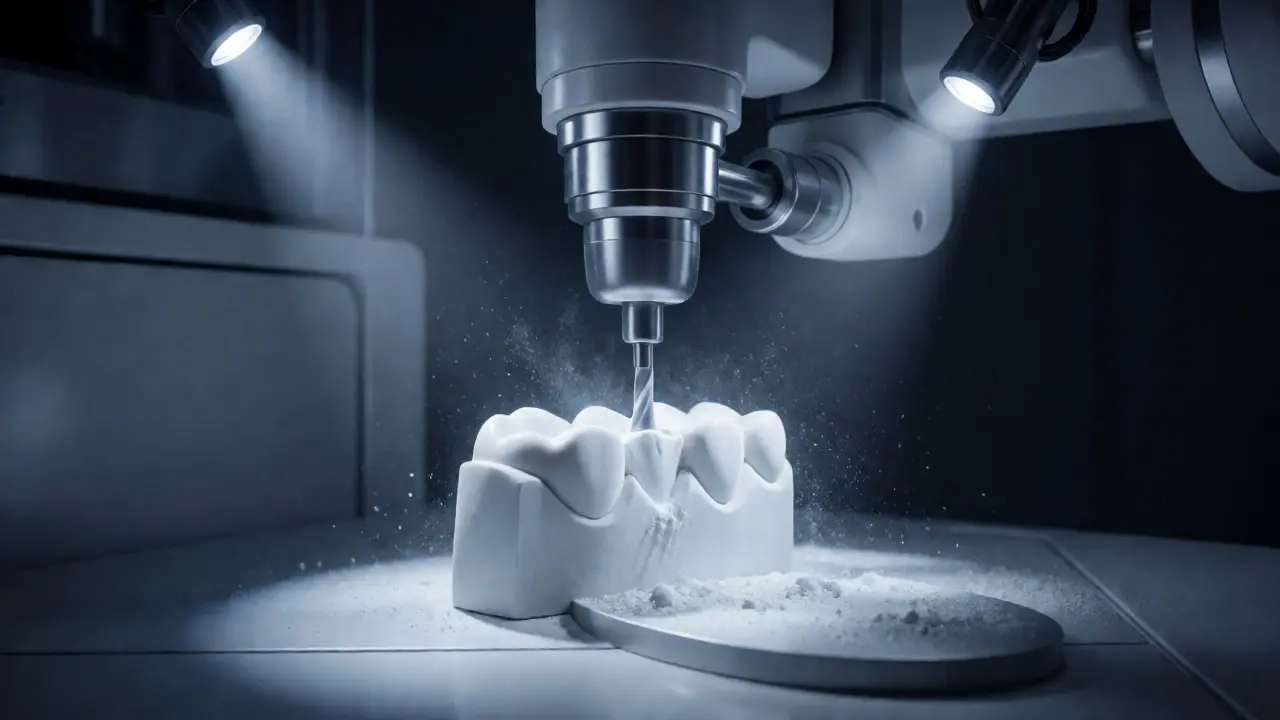 Robotická fréza vyřezává keramický onlay z bloku materiálu v laboratoři.