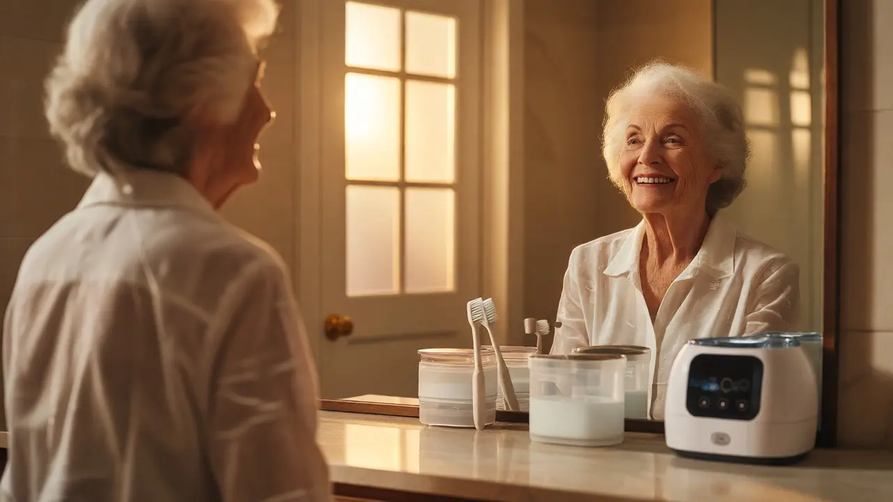 Seniorka se spokojeně dívá do zrcadla vedle své stanice pro hygienu zubní náhrady.
