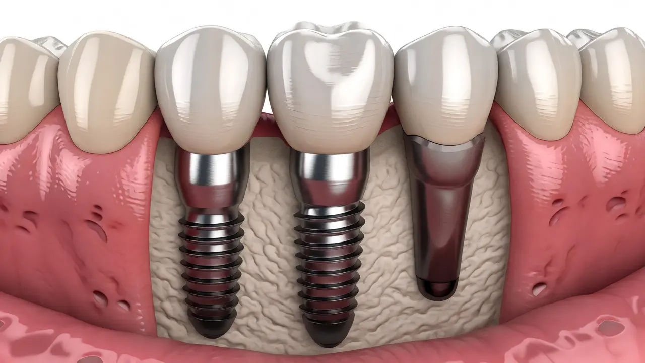 Titanový zubní implantát s keramickou korunkou integrovaný do čelistní kosti.