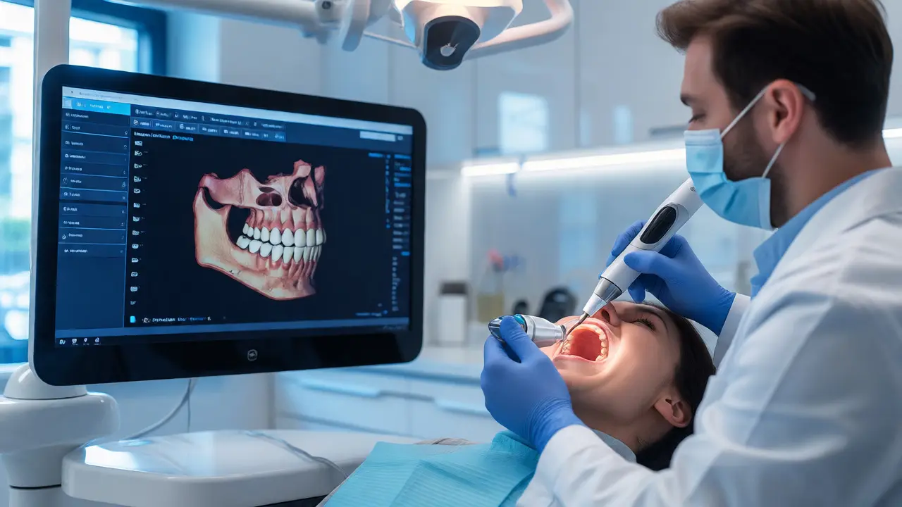 Zubní lékař používá digitální skener a 3D plánování