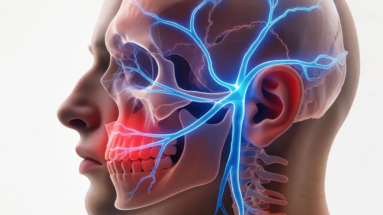 Anatomické zobrazení trojklanného nervu s větvemi k zubům