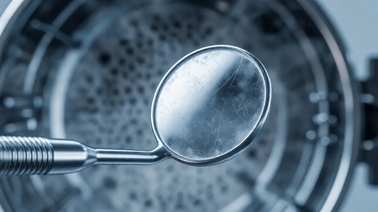 Dentální zrcátko ve sterilizačním autoklávu obklopené párou