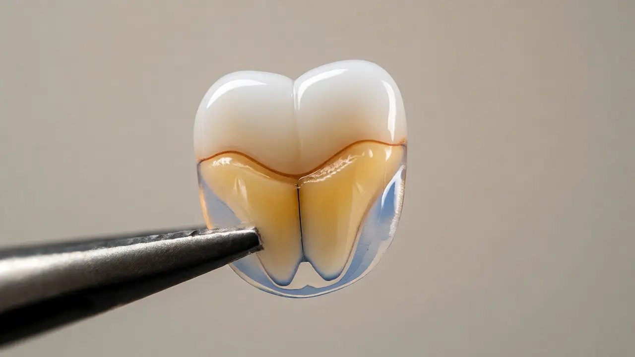 Detail keramické fazety s přirozenými barevnými vrstvami