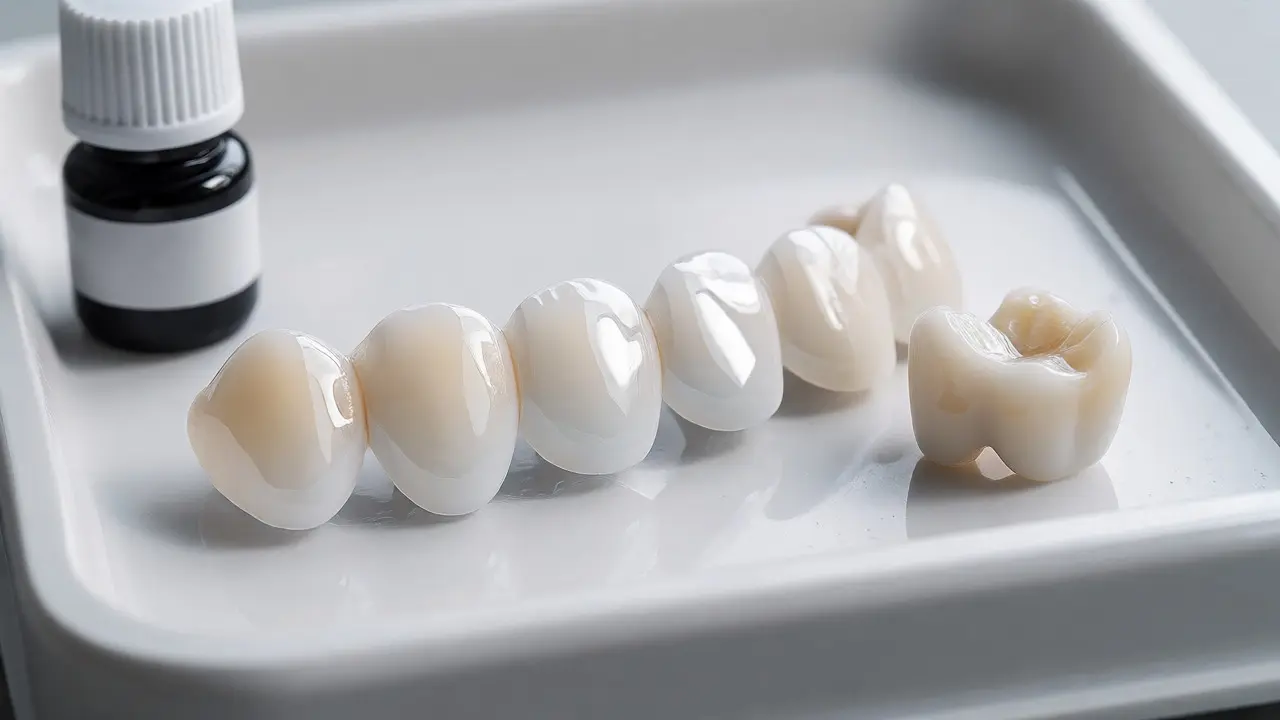 Detail keramických fazet a provizorního zubu na sterilním podnosu v zubní laboratoři.