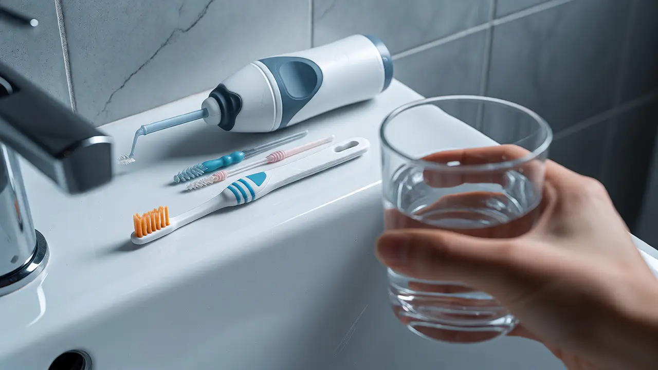 Hygienické pomůcky pro čištění zubů s rovnátky u umyvadla