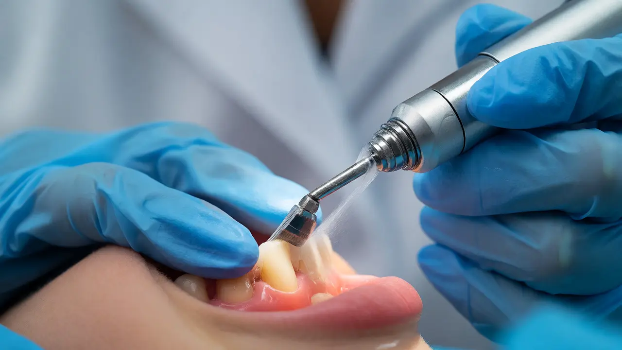 Hygienistka odstraňuje kámen ultrazvukovým přístrojem