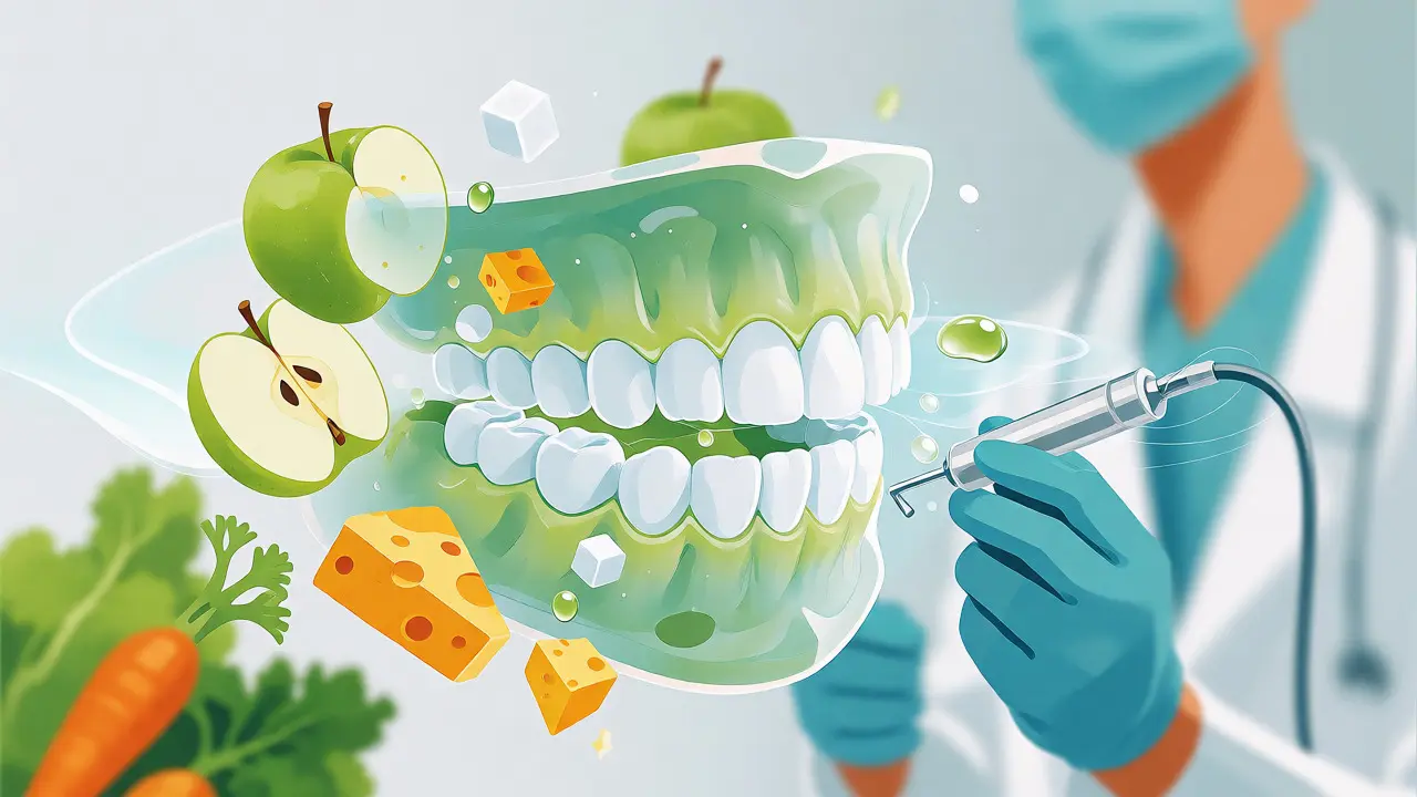 Ilustrace ochrany zubů před kyselinami pomocí zdravého jídla a dentální péče.