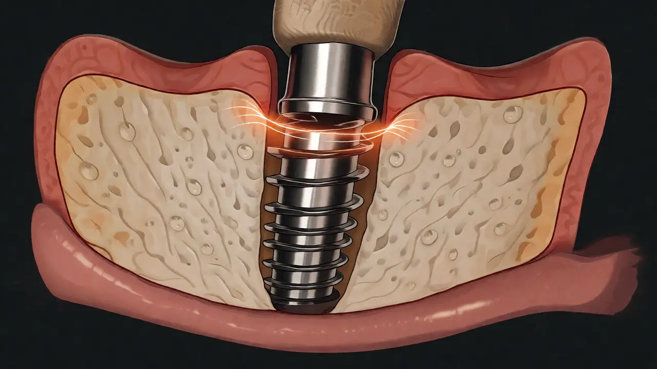 Ilustrace osteointegrace titanového implantátu v čelistní kosti během hojivého procesu.