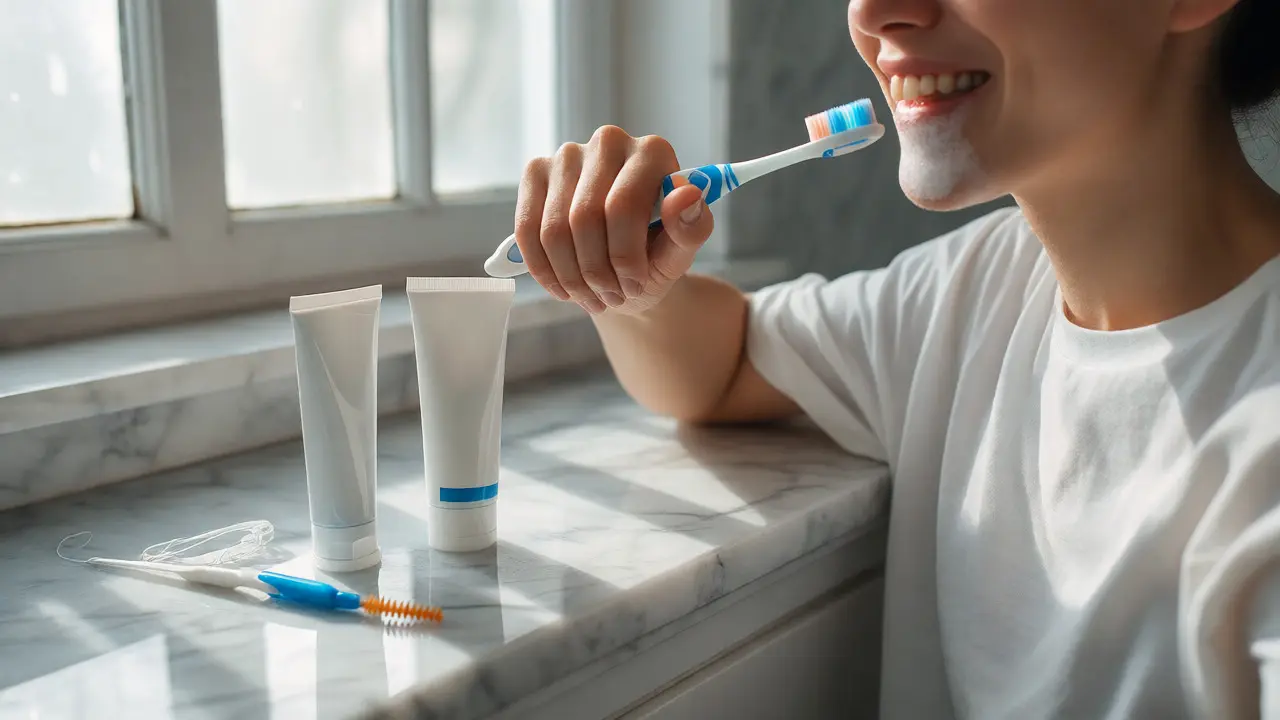 Osoba čistící si zuby kartáčkem s preventivními pomůckami