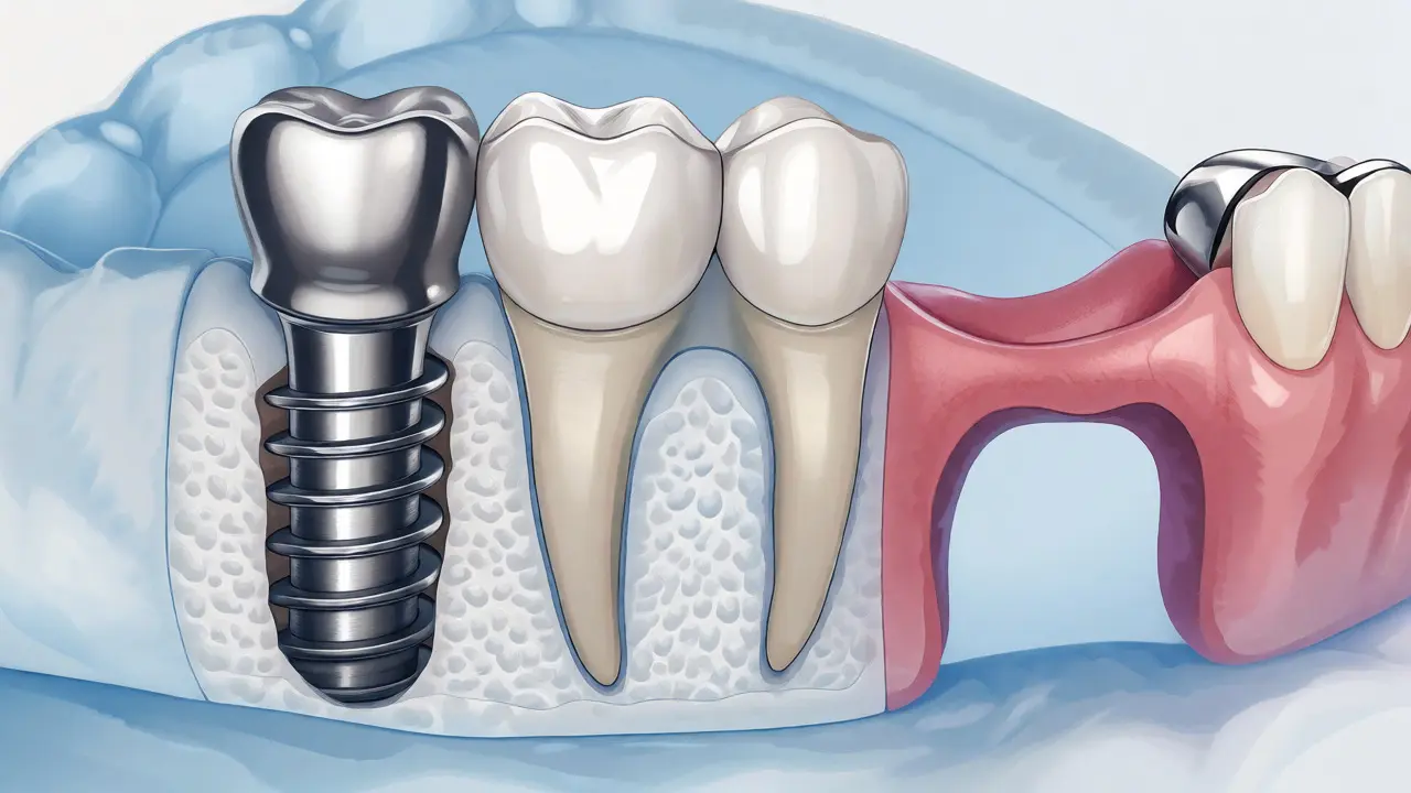Porovnání zubního implantátu, můstku a vyjímatelné protézy v kosti