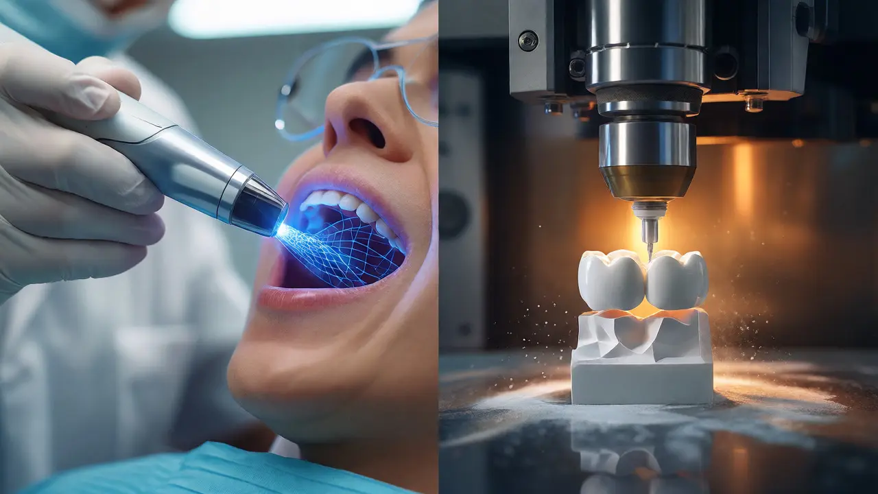 Rozdělený obraz digitálního skenování zubu a frézování korunky v laboratoři.