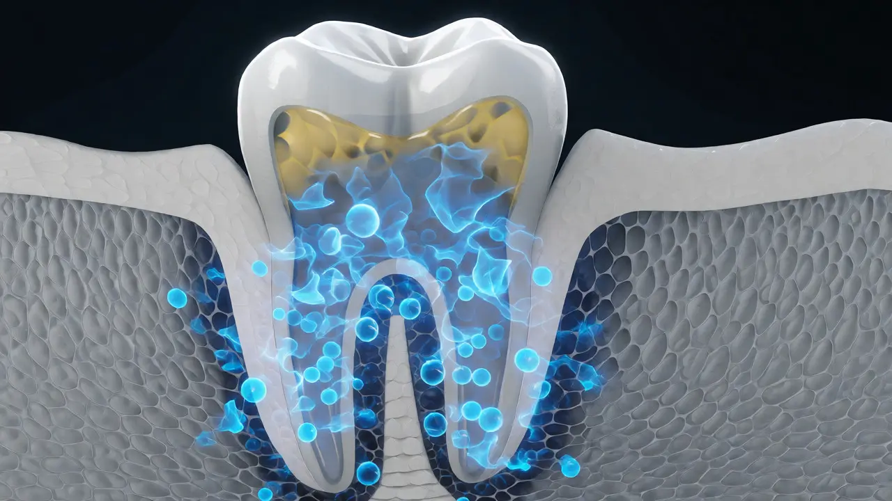 Schéma uvolňování fluoridu ze skloionomerní plomby do zubu