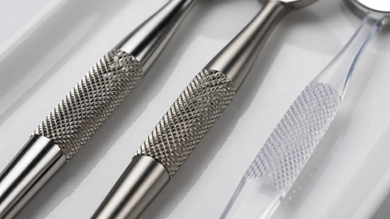 Srovnání ergonomických násad dentálních zrcátek z různých materiálů na tácu